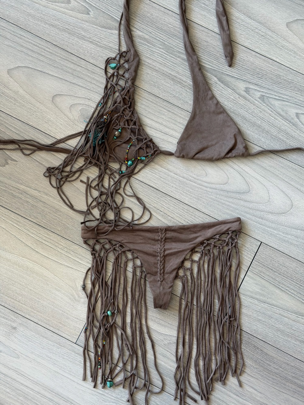 Brown Fringe Crochet Suede Bikini Set - made locally in Bali